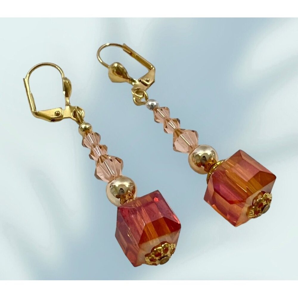 Austrian Crystal Aurora Borealis Earrings Gold Toned Dangle Orange Leverback